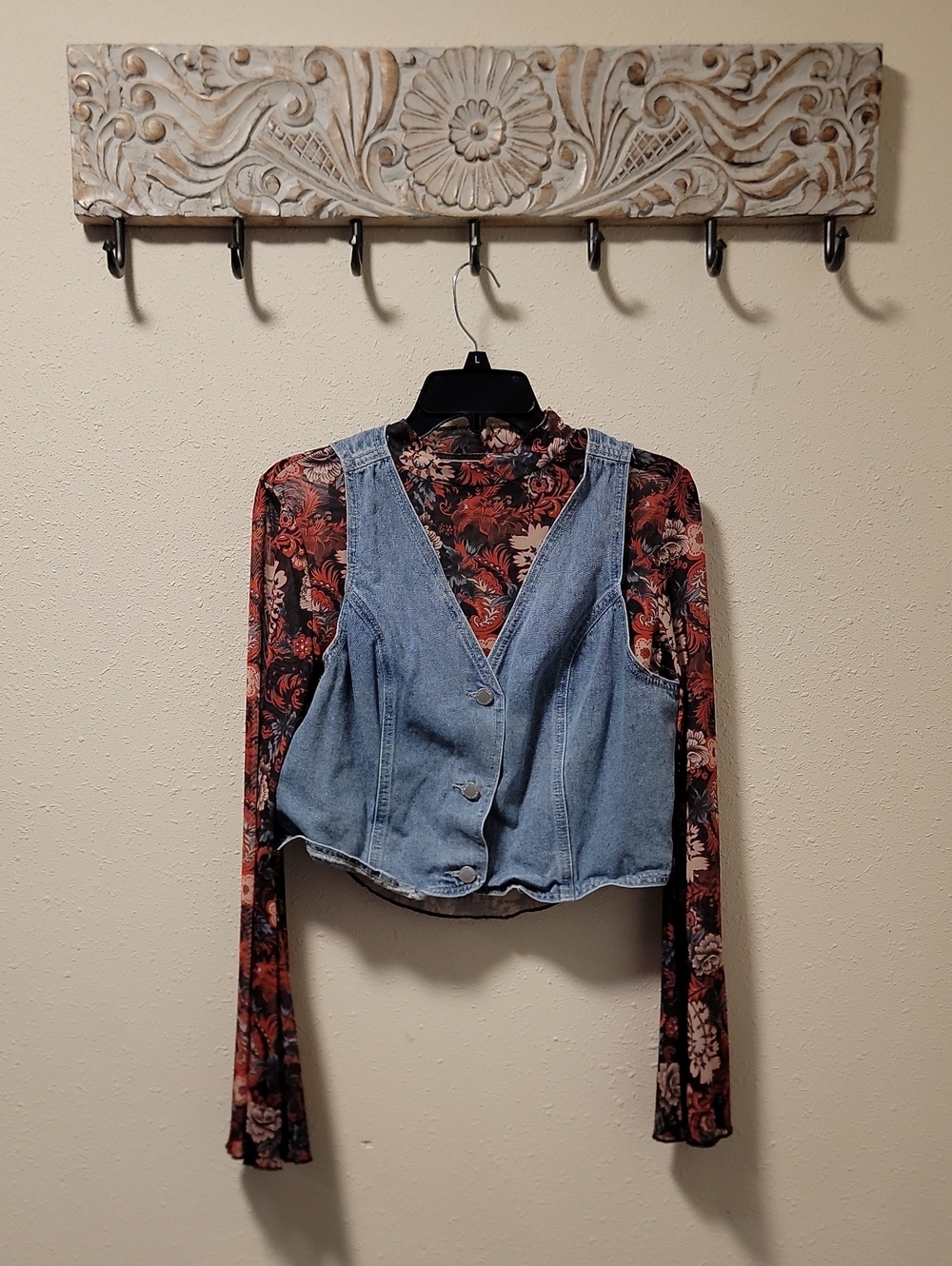 SHEIN Red & Black Floral  Button-Front Blouse-m with Light Blue Denim Vest- L